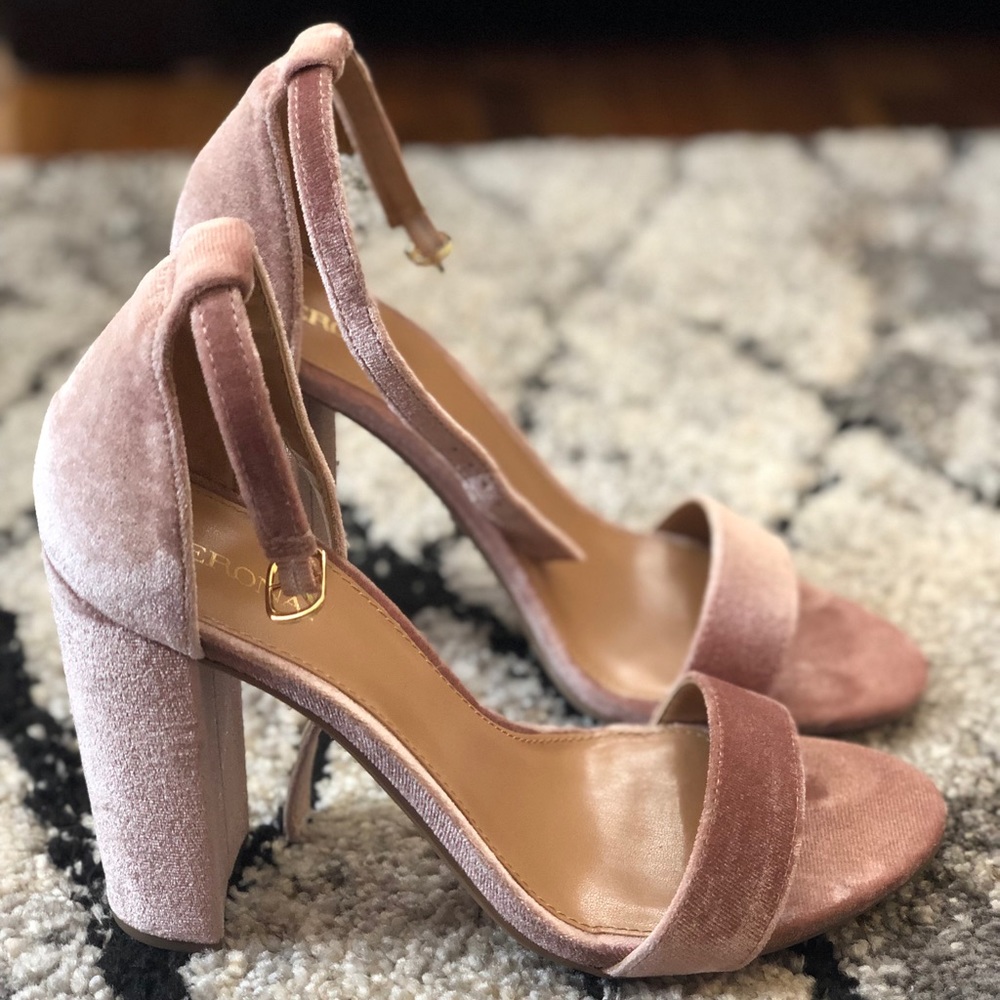 Lulu Pink Velvet High Block Heel Pump Sandals